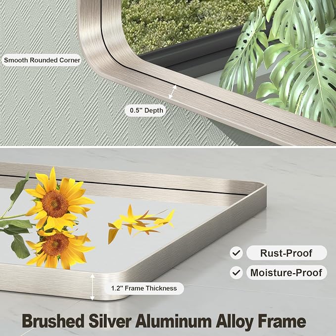 60x28 Inch Brushed Nickel Bathroom Mirror, Large Brushed Silver Metal Framed Wall Mirror, Rounded Corner Rectangle Modern Vanity Mirror, Tempered Glass, Anti-Rust, Shatterproof (Horizontal/Vertical) | Silver Metal Framed Wall Mirror, Rounded Rectangle ...