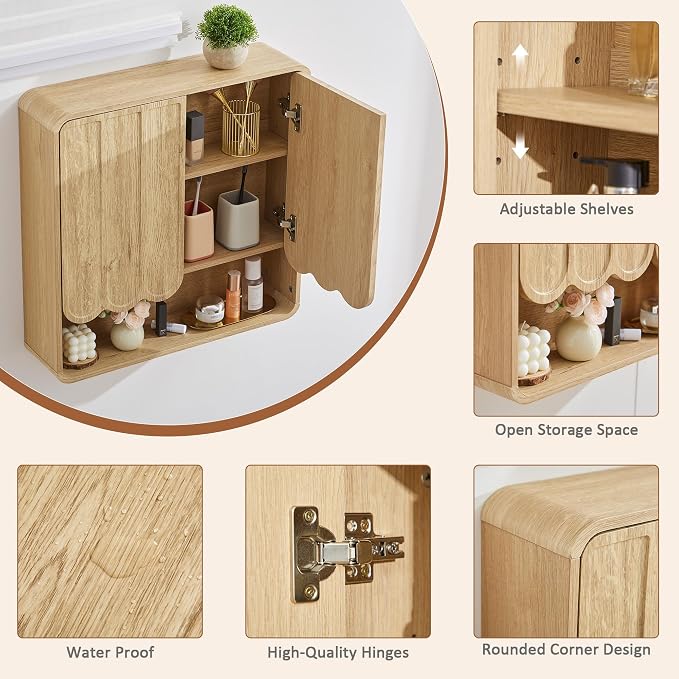 Bathroom Wall Mounted Storage Cabinet, Medicine Cabinet with Adjustable Shelf, Over The Toilet Storage Cabinet for Bathroom, Laundry Room, Kitchen, Living Room (Natural)