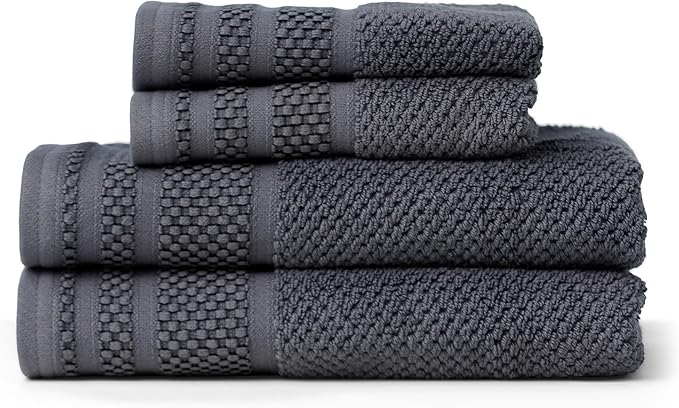 Texere 100% Organic Cotton Rice Weave Jacquard 700 GSM Luxury Bath Towel Sets - Ultra Soft and Absorbent Hotel and Spa Quality (Rice Weave, Charcoal, 2 Hand & 2 Face Towels)