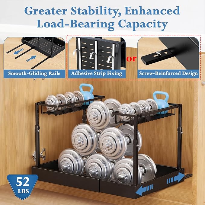 Aisslro Under Sink Organizer, 2 Tier Pull Out Cabinet Organizer, Expandable & Adjustable Slide Out Shelf 13.2''–20.3'', Under Sink Storage for Kitchen Bathroom Laundry Cabinet Storage, Black