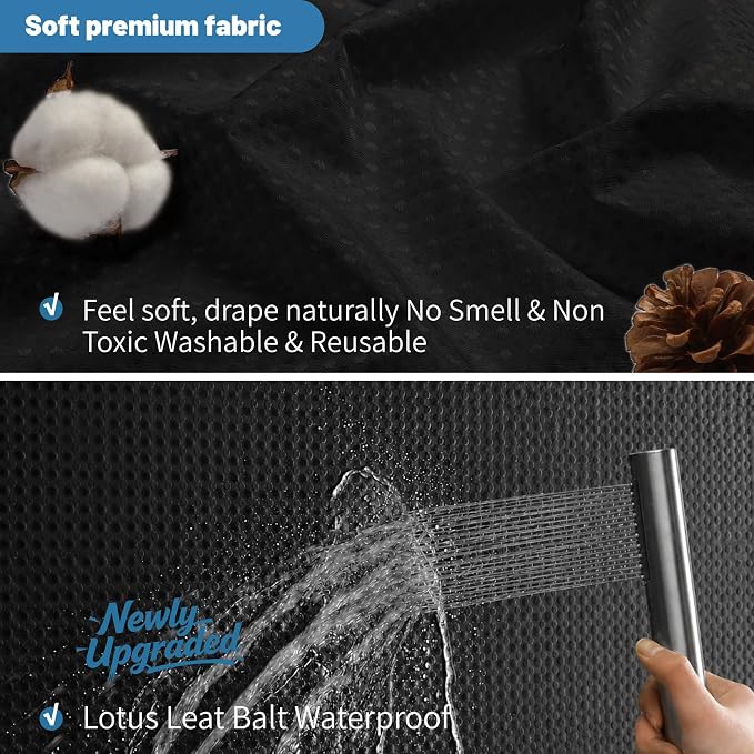 2-in-1 Waterproof Fabric Shower Curtain - No Separate Liner Needed, Hotel-Style Waffle Weave, Effortless Cleaning & Washable Bathroom Shower Curtain Set,72Wx78H,Black