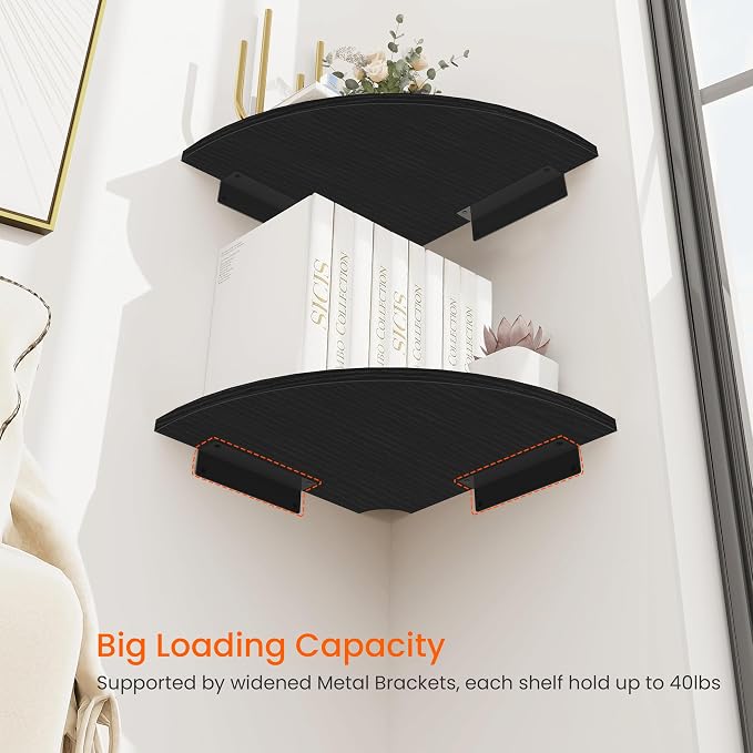 Corner Shelf Wall Mount, 4 Tier Rounded Corner Floating Shelves, 12 Inch Deep Hanging Corner Shelf Storage, Wood Corner Wall Shelving for Living Room Bedroom Bathroom Kitchen, Black