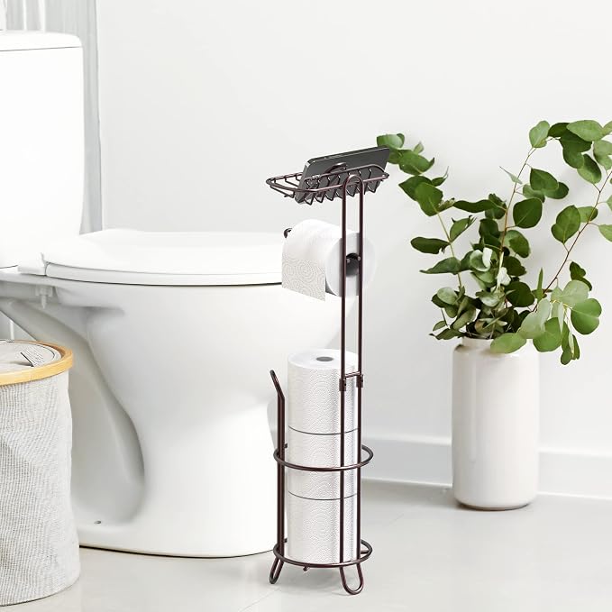 Simple Houseware Toilet Paper Holder Stand w/Cell Phone Wire Shelf, Bronze | 4 Paper Rolls, 7.25" x 7.25" x 23.5", Freestanding Paper Roll Storage for Bathroom