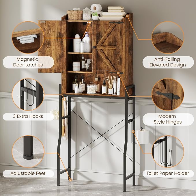 Over The Toilet Storage Cabinet with Metal Stand, Rustic Brown | Toilet Paper Holder, 3 Extra Hooks, Anti-Tipping Device, With Adjustable Shelves, for Bathroom, Restroom, Laundry