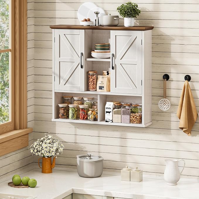 Vabches Bathroom Wall Cabinet, Farmhouse Medicine Cabinet with Double Barn Door and Adjustable Shelves, Wooden Vintage Storage Cabinet Wall Mounted for Bathroom, Kitchen Dining, Rustic White