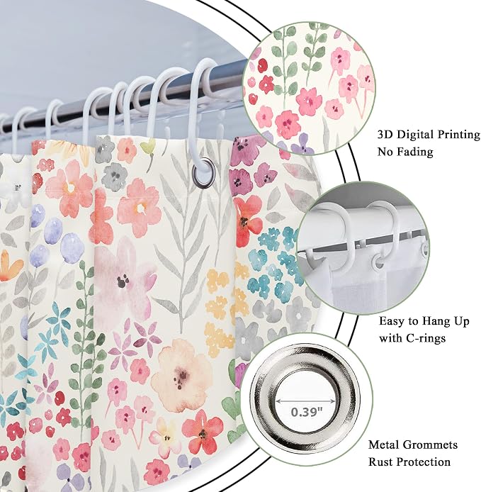 Small Stall RV Colorful Floral Wildflower Art Bathroom Shower Curtain Set | 36"W x 72"H Watercolor Leaves; waterproof HD print, quick-dry fabric with 12 hooks for easy hanging.