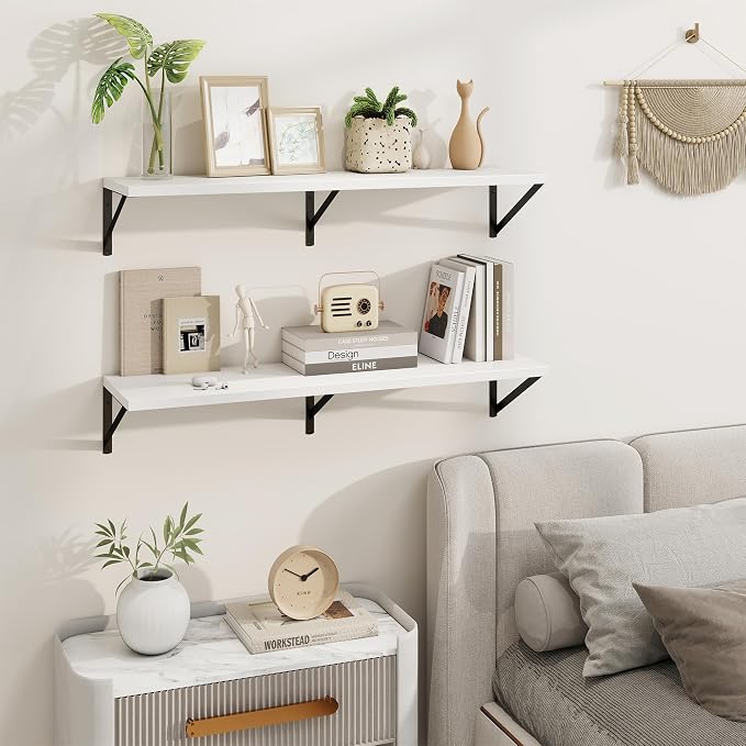 Deep Floating Shelves, 36'' x 10'' White Wall Shelves Set of 2 | 10 Inch Deep Shelves with Heavy Duty Brackets, Rustic Wood Shelves for Bathroom Living Room, Engineered Wood, 45LBS