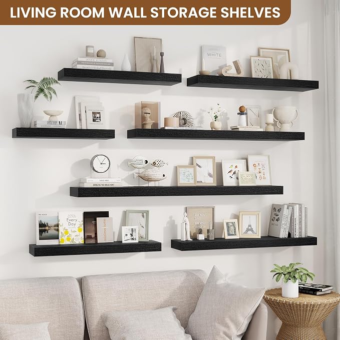 fuqing Floating Shelves for Wall, Wall Mounted Wood Floating Shelf with Invisible Brackets for Living Room, Bathroom, Bedroom, Kitchen Storage and Decor, 36 Inch Set of 2, Black