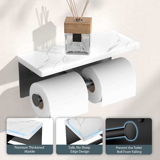 FORIOUS Double Marble Toilet Paper Holder with Phone Shelf, Mattle Black | Wall Mount 304 Stainless Steel Commercial Bathroom Tissue Roll Dispenser, Modern Heavy Duty Washroom Paper Storage