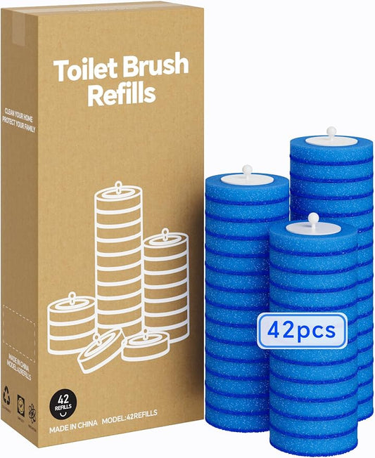 Toilet Brush Kit, Disposable Toilet Bowl Cleaner Brush with Blue Replacement Heads, Press-Button Wand and Self-Closing Freestanding Holder (42 Refills)