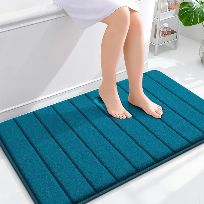 OLANLY Memory Foam Large Bath Mat 40x24, Super Soft Absorbent Bathroom Rugs | Peacock Blue, Quick Dry Bath Rug, Machine Washable Shower Floor Mats, Bathmat Carpet for Bathroom Floor, Tub and Shower