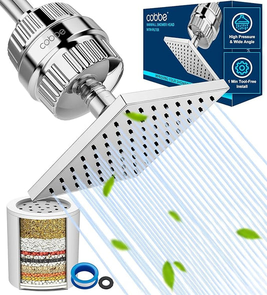 Cobbe High Pressure Filtered Shower Head with Filters for Hard Water Combo | Rain Showerheads with 20 Stage Water Softener for Healthier Skin & Hair Remove Chlorine and Harmful Substances, Chrome