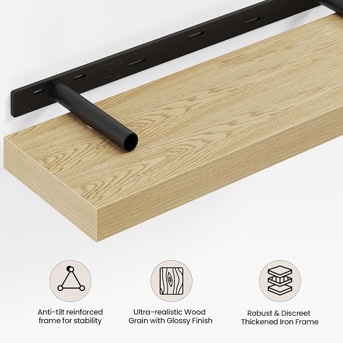 Vivelove 24 Inch Floating Shelves Wall Mounted for Display, 6.5 Deep Duty Shelves with Invisible Brackets for Living Room,Bedroom,Kitchen, Bathroom Storage & Decor,24" Wx6.5 Dx1.4 H - Oak