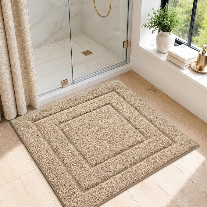 DEXI Square Bathroom Rug 32x32, Non-Slip and Absorbent Bath Mat, Beige | Machine Washable, Soft Plush Microfiber Bathmat with Rubber Back, Quick Dry Rug for Shower, Tub, Sink