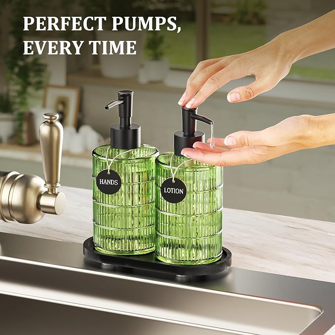 Green Glass Soap and Lotion Dispenser Set with Tray by Brighter Barns - Liquid Hand Soap Dispenser and Pump - Bamboo Bathroom Accessories & Modern Bathroom Decor (Green)