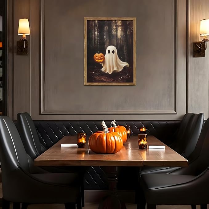 Vintage Halloween Ghost Wall Art, Gothic Cute Ghost Pumpkin Canvas Wall Decor Paintings, Dark Academia Spooky Fall Forest Prints Pictures for Living Room Bedroom 16x24 Inch Framed
