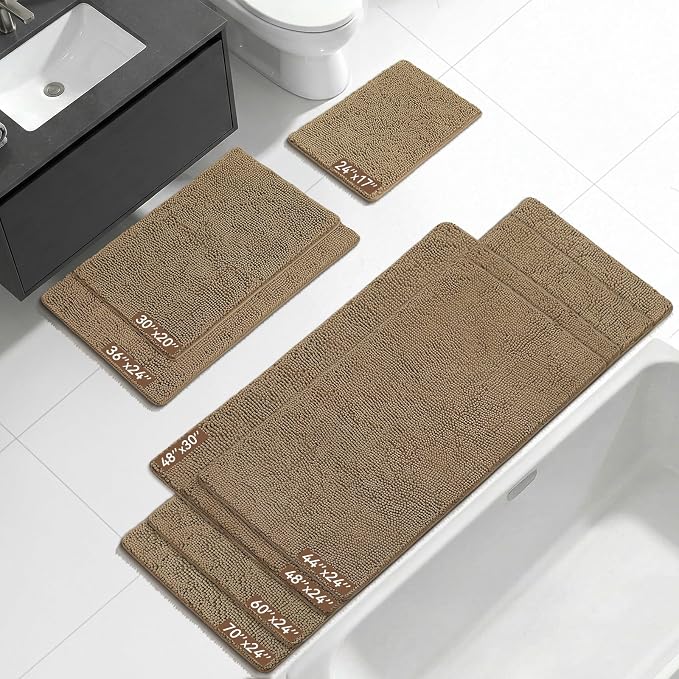 Bcoimo Bath Rug Mat,30x20 Chenille Non Slip Tan Bathroom Floor Shower Mats | Extra Soft Bathroom Rugs;Non Slip with Rubber Backing Bath Mats;High Absorbent And Quick Dry Microfiber mat; Machine Washable