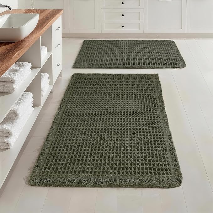 Set of 2 Waffle Bathroom Rugs, Non Slip Absorbent Waffle Knit Bath Mat for Shower Floor, Tub and Bathroom Door, Ultra Soft Quick Dry, Olive Green, 17"x24"+18"x30"