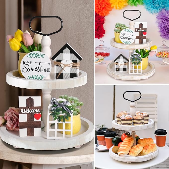 Mustry Rustic Wooden 2-Tier Tray Stand for Farmhouse Kitchen & Home Decor | Sturdy Wood & Metal Frame, Space-Saving Two Tier Tray, Display & Organize Décor, Easy Carry, Tool-Free Easy Assembly, White
