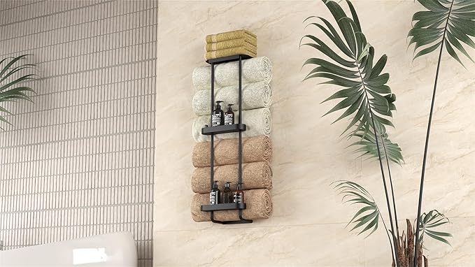 STWWO Bathroom Towel Storage, 36.4 Inch Towel Racks for Bathroom Wall Mounted with Shower Caddy with Metal Shelf, Black | Towel Racks for Bathroom 36.4Inch with Shower Caddy