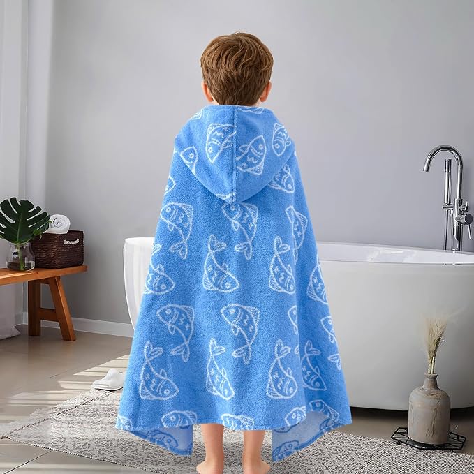 VOOVA & MOVAS Kids Hooded Towel, 3-6 Years, 100% Cotton, Blue Fish | Cute Fish Jacquard Print, Fast Dry Performance, Excellent Absorbency, Ideal for Daily Bath and Outdoor Water Activities