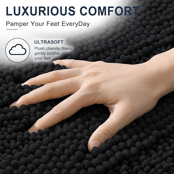 Smiry Thick Chenille Bathroom Rugs 36x24, Soft Absorbent Bath Mat, Black | Quick‑Dry & Machine Washable, Non‑Slip Bath Carpet, Striped Bath Rugs for Tub & Shower, Modern Home Decor Accessories