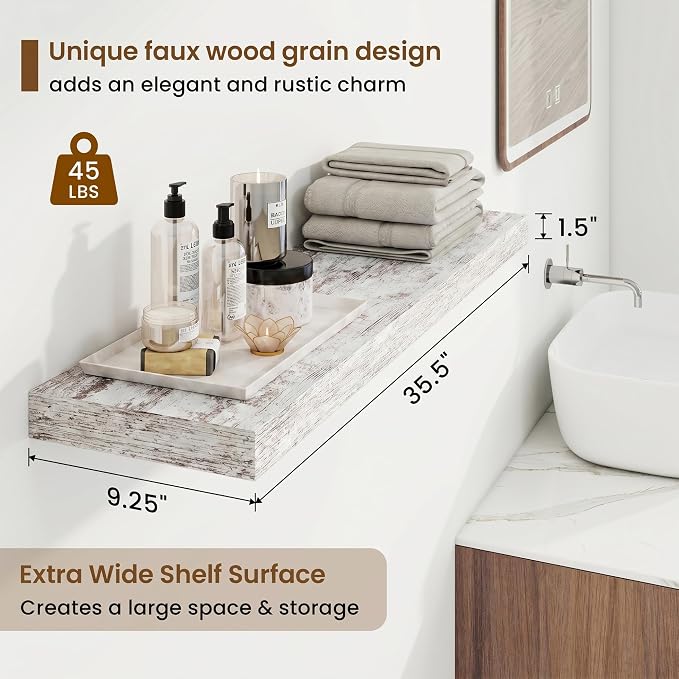 9.25in Depth 36in Floating Shelves, 36x9.25x1.4, Vintage White, Set of 2 | Wall Mounted Engineered Wood Shelves, Invisible Brackets for Living Room, Bedroom, Bathroom, Kitchen Decor and Storage