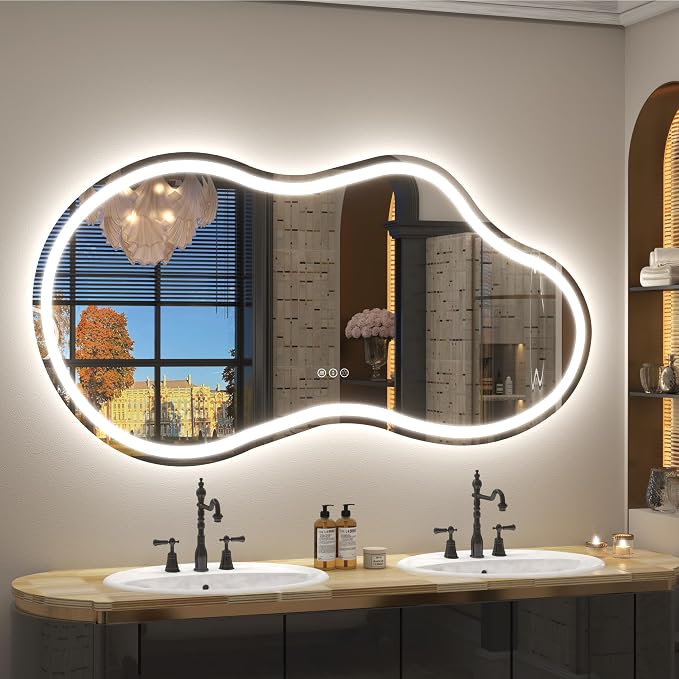 60x32 Inch Irregular LED Bathroom Mirror with Lights | Asymmetrical Lighted Vanity Mirror, Cloud Shape, Anti-Fog, Dimmable, Memory, 3 Colors, ETL Listed(Horizontal/Vertical)