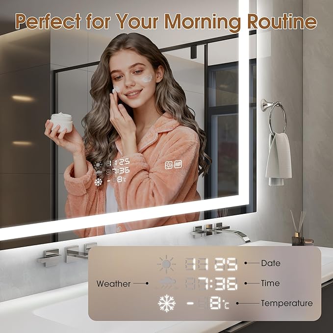 STARLEAD 24"x32" LED Bathroom Mirror with Built-in Clock, Dimmable Lighting, 3 Color Temperature, Anti-Fog, Touch Control Wall Mounted Vanity Mirror