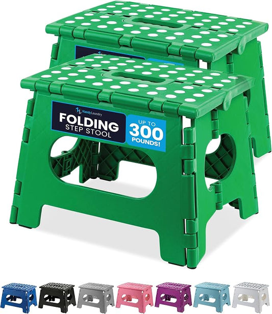Handy Laundry Folding Step Stool 9 Inch 2-Pack, Green, Holds 300 lbs | 2-Pack, 9 Inch, Green, Foldable Collapsible Step Stool, Non-Slip, Holds 300 lbs, Kitchen Bathroom Bedroom, Adults