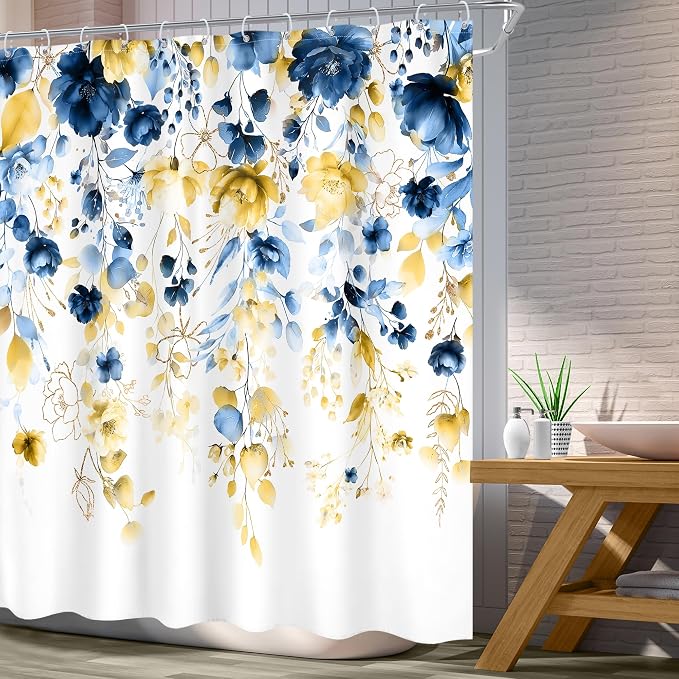 Blue Yellow Floral Watercolor Eucalyptus Leaf Bathroom Shower Curtain Set | 72"W x 72"L Flower Plant look, waterproof HD printed shower curtain, quick-dry fabric and free hooks.
