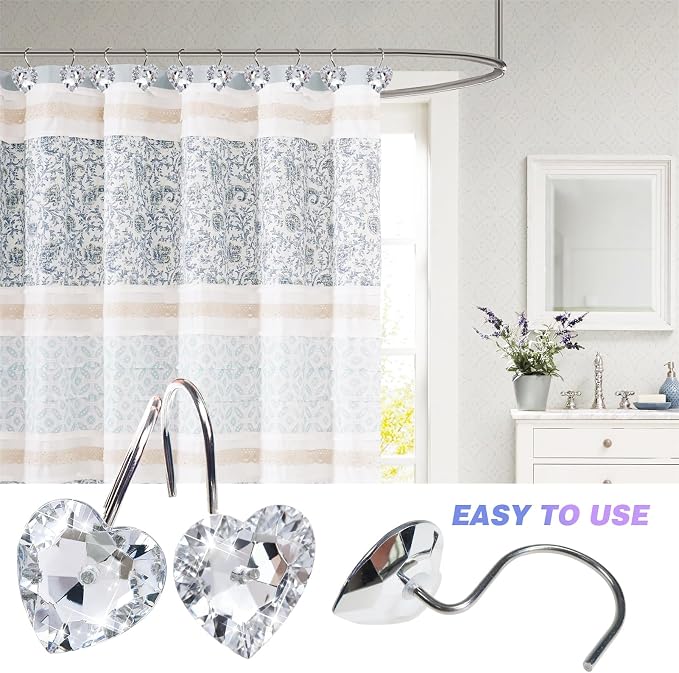 TOAOB 12 Sets Shower Curtain Hooks Rings Heart Bling Clear Rust Proof Stainless Steel Shower Rod Hangers for Decorative Curtains Bathroom