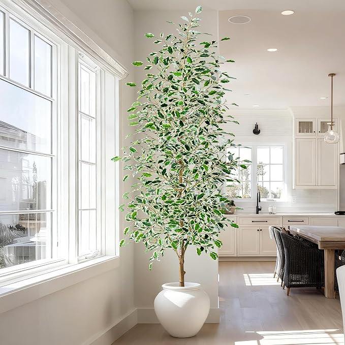 Bailikang 8FT Artificial Ficus Trees Indoor Faux Trees Indoor Fake Floor Plants Tall Artificial Tree with White Pot Faux Tree Fake Indoor Tree Silk Plants Artificial Trees for Home Decor Indoor