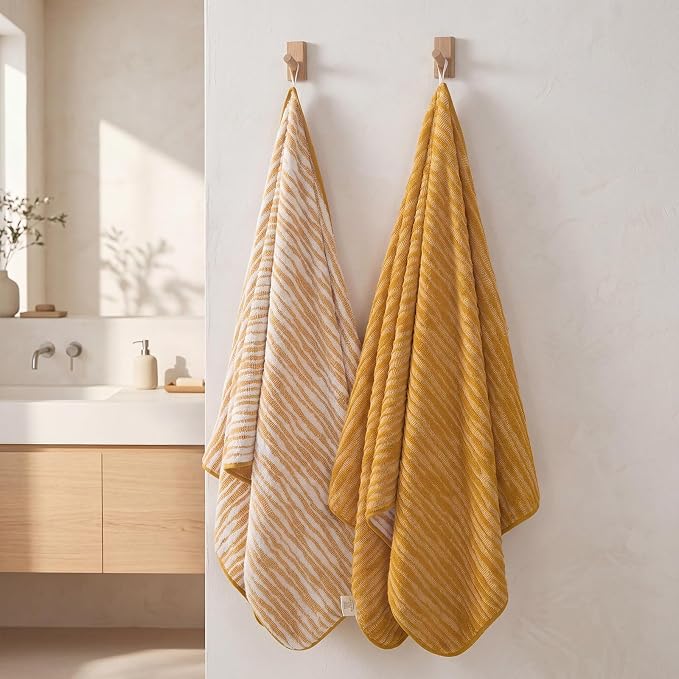 REDKISS 2 Pack Yellow Bath Towels Set, 100% Cotton Double-Sided Design | Ultra Soft, Super Absorbent, Quick Dry Bathroom Towels for Bathroom, Gym, Spa, Pool, Hotel & Family Use, 29 x 59 Inches