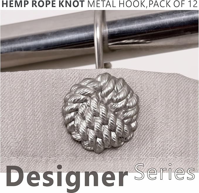Brushed Nickel Shower Curtain Hooks: Rust Proof Metal Curtain Rings, 12Pcs | Nautical Knotted Rope Shower Hooks, Heavy Duty Hanging Hangers for Shower Rod, Gift for Farmhouse & Coastal Bathroom Decor