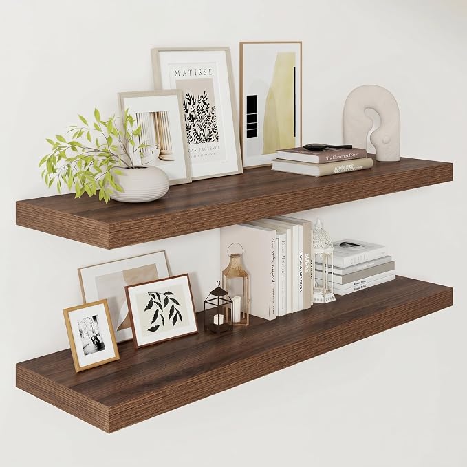 Vivelove Deep Floating Shelves 40x12” Set of 2, Walnut | Easy Install With Hardware, 2" Thick, Invisible Brackets, Wall Mounted, No Sagging, For Any Room