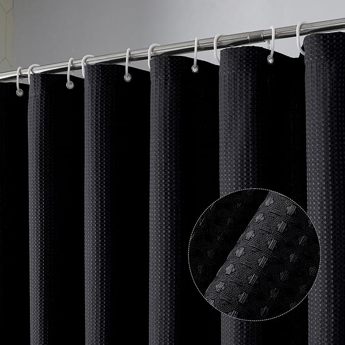 Stall Fabric Shower Curtain Set - 36x72, Waffle Weave 230GSM Heavy Duty Small Stall Shower Curtains for Narrow Stall Size, Machine Washable Bath Curtain with 12 Plastic Hooks, 36x72 Inch, Black