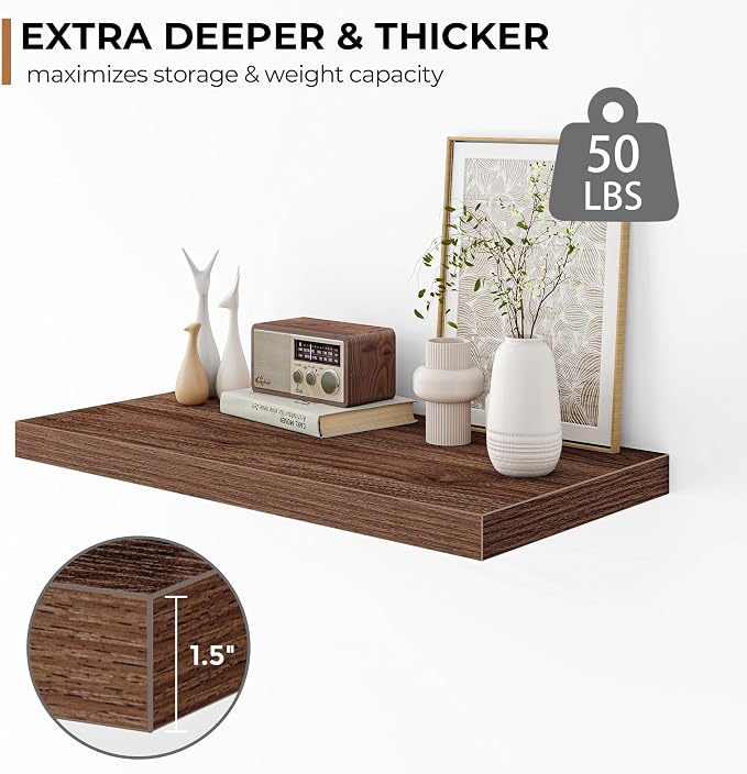 Fun Memories Floating Shelves - 2 Pack 12 Inch Deep Rustic Wooden Wall Shelves - Extra Deeper & Thicker Wall Mounted Storage Shelf for Living Room, Kitchen, Farmhouse - 24" W x 12" D x 1.5" H - Walnut