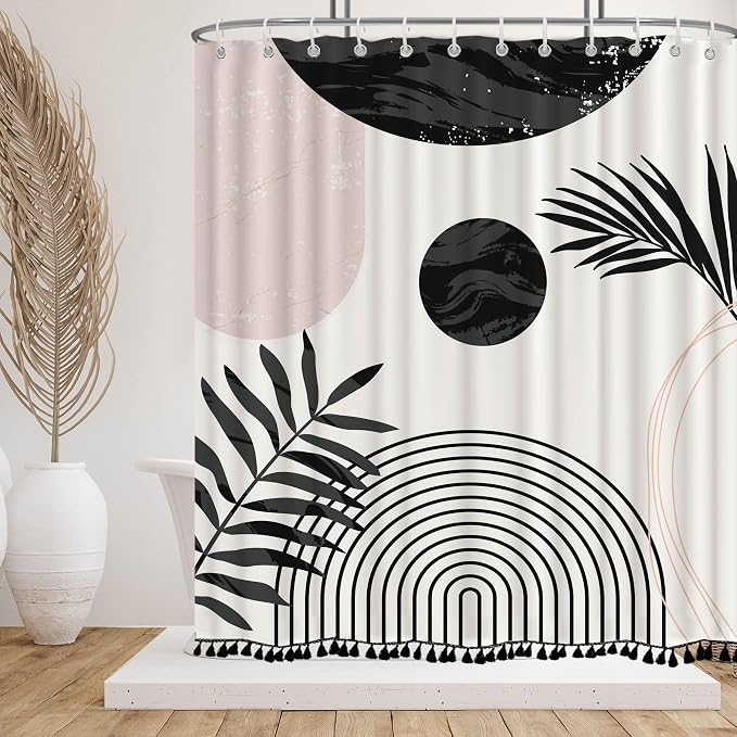 Boho Mid Century Leaf Shower Curtain Set,Arch Sun Design,Minimalistic Leaves Pattern,Waterproof and Luxurious Fabric-12 Hooks(Black and White-72" x 72")