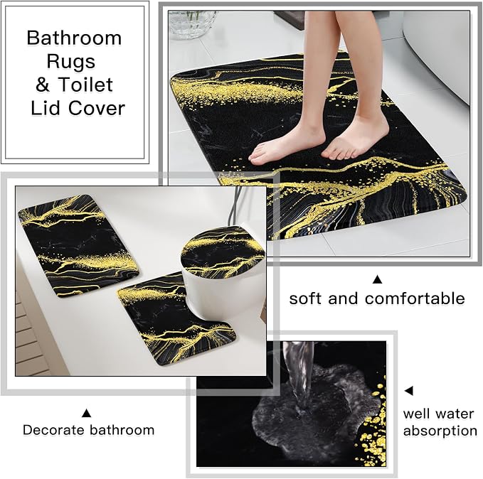 21PCS Bathroom Sets with Shower Curtain and Rugs Bathroom Accessories Set Black Bathroom Set Complete with Trash Can, Toilet Brush, Qtip Holder & 3PCS Soap Dispenser