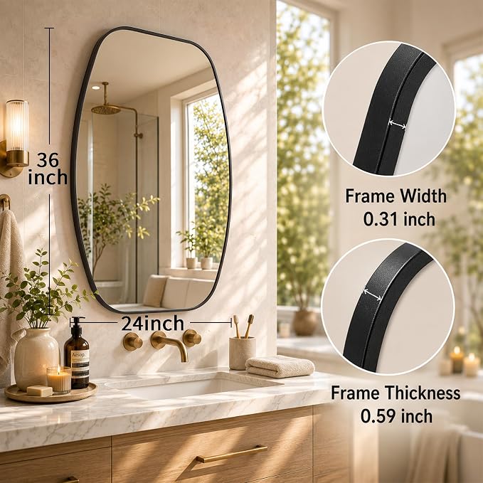 Matte Black Capsule Bathroom Mirror, 24x36 Inch | Aluminum alloy frame, pill-shaped design, tempered glass, two-way mount for dresser and console