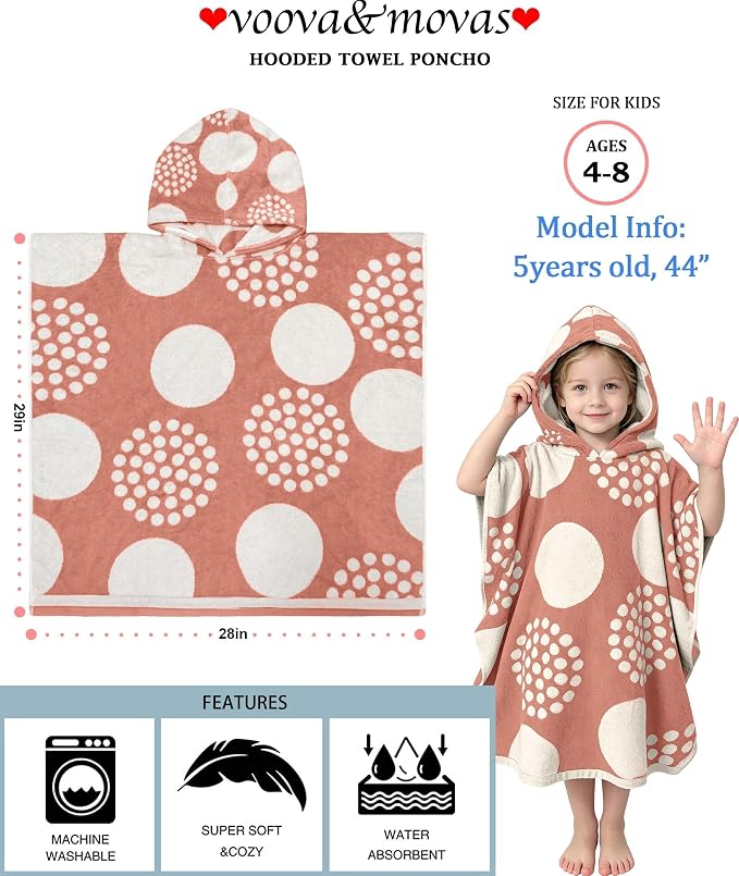 VOOVA & MOVAS Kids Hooded Poncho Towel, 4-8 Years, 100% Cotton, Red Dot | Exquisite Dot Jacquard Weave, Smooth Fabric, Soft, Absorbent & Quick Dry, Suitable for Bathing and Seaside