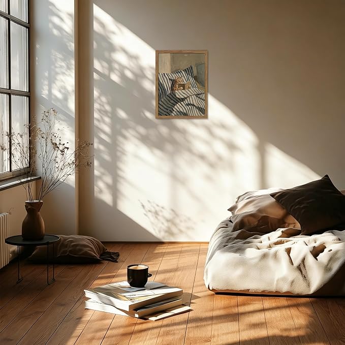 Framed Cat Wall Art, Funny Orange Cat Reading Book Canvas Wall Decor Painting, Vintage Cute Animal Artwork Poster Prints Picture for Bedroom Living Room Library 12x16 Inch