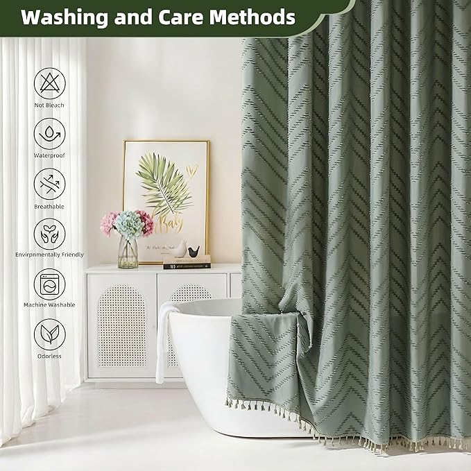 Siiluminisoy Extra Long Sage Green Boho Shower Curtain with Tassel, Woven Fabric 96 in Shower Curtain, Tufted Chevron Striped, 72 x 96, Modern Chic Textured Minimalist Bathroom Shower