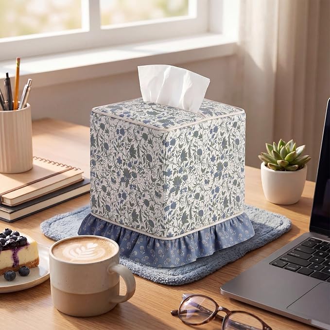 Hushee Cottagecore Ruffle Tissue Box Cover Floral Print Tissue Box Handmade Cotton Square Napkin Holder for Home Bedroom Living Room Bathroom Vanity Countertop Car Office Kitchen (Dark Blue)