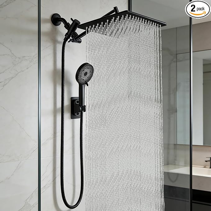 12 Inch Shower Head, Rain Shower Head with Adustable Extension Arm, Detachable Matte Black Rina Shower Head with Handheld Spray, High Pressure Shower Hose with Holder in Bathroom(Black)