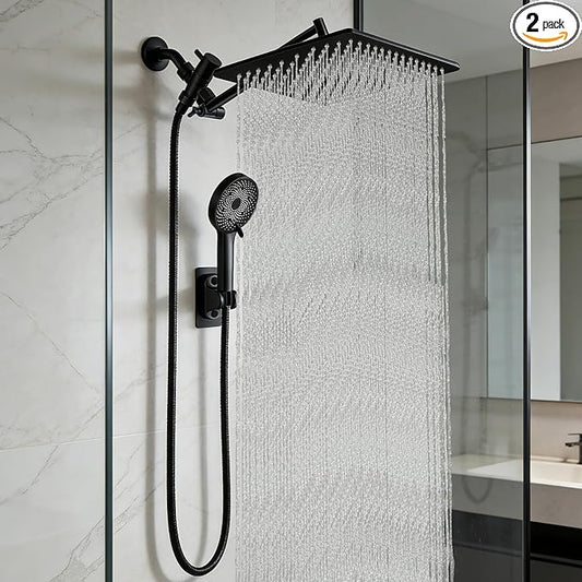12 Inch Shower Head, Rain Shower Head with Adustable Extension Arm, Detachable Matte Black Rina Shower Head with Handheld Spray, High Pressure Shower Hose with Holder in Bathroom(Black)