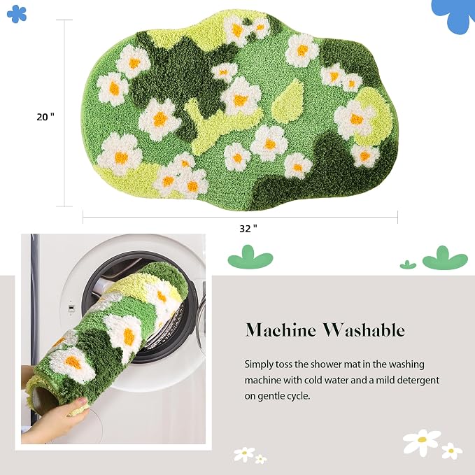 YIKUSH Moss Rug, Cute Green Plant Bath Mat with White Flowers, 32x20 Inch | Bathroom Decor Aesthetic, Soft Absorbent, Quick Dry, Machine Washable, Non Slip Bath Mat for Bedroom Shower Floor Home Decor