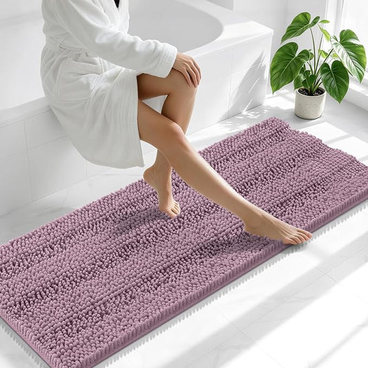 Smiry Thick Chenille Bathroom Runner Rugs 59x20, Soft Bath Mat, Deep Plum | Quick‑Dry & Machine Washable, Non‑Slip Bath Carpet, Striped Bath Rugs for Tub & Shower, Modern Home Decor Accessories