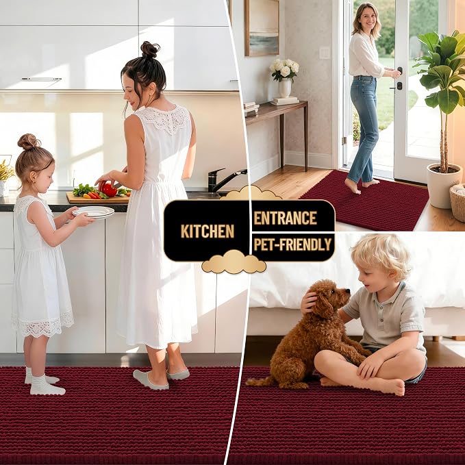 OLANLY Thick Chenille Bathroom Runner Rugs Mats 47x17, Burgundy | Soft Absorbent Bath Rugs, Rubber Backing, Machine Wash Dry, Bath Mats for Bathroom, Tub and Shower, Home Decor Accessories